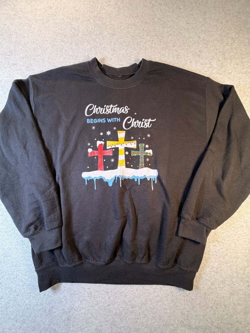 Christmas Begins With Christ Sweatshirt Black Religious Holiday XL